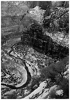 Virgin river and Canyon walls from the summit of Angel's landing in winter. Zion National Park, Utah, USA. (black and white)