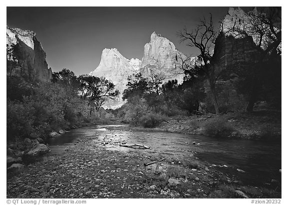 Virgin River and Court of the Patriarchs at sunrise. Zion National Park, Utah, USA.