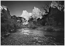 Virgin River and Court of the Patriarchs at sunrise. Zion National Park, Utah, USA. (black and white)