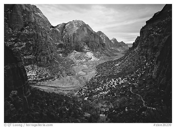 Zion Canyon from  West Rim Trail, stormy evening. Zion National Park, Utah, USA.