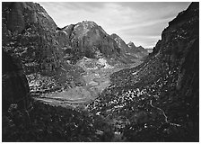 Zion Canyon from  West Rim Trail, stormy evening. Zion National Park, Utah, USA. (black and white)