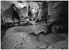 Pools and slot canyon rock walls, the Subway. Zion National Park, Utah, USA. (black and white)
