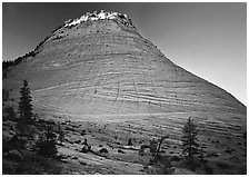 Checkerboard Mesa with top illuminated by sunrise. Zion National Park, Utah, USA. (black and white)