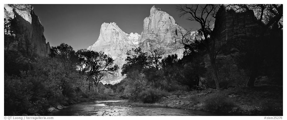 Court of the Patriarchs and Virgin River. Zion National Park (black and white)