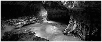 North Creek flowing in the Subway in the fall. Zion National Park (Panoramic black and white)
