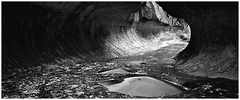 Tunnel-shaped opening of the Subway. Zion National Park (Panoramic black and white)