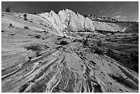 Pink sandstone swirls and white cliff. Zion National Park, Utah, USA. (black and white)