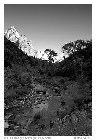 Virgin River and Court of the Patriarchs, early morning. Zion National Park, Utah, USA.