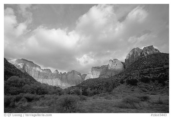 Wide view of Towers of the Virgin and clouds at sunrise. Zion National Park, Utah, USA.