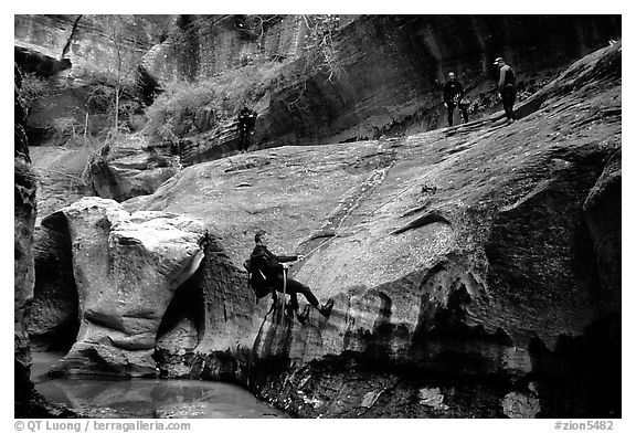 Canyoneers in wetsuits rappel down walls of the Subway. Zion National Park, Utah, USA.