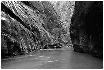 Placid and wide section of Virgin River between cliffs, the Narrows. Zion National Park ( black and white)