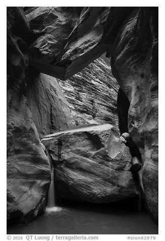 Large boulder creating waterfall with Guillotine boulder above, Orderville Canyon. Zion National Park (black and white)