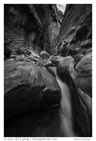 Cascade and boulder in Orderville Canyon. Zion National Park (black and white)