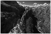 Hikers descend vertiginous spine of Angels Landing. Zion National Park ( black and white)