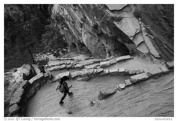 Hiking down Walters Wiggles. Zion National Park (black and white)