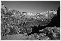 Tall sandstone cliffs from Canyon Overlook. Zion National Park ( black and white)