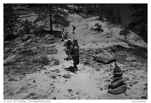 Cairn and hikers, Russell Gulch. Zion National Park (black and white)