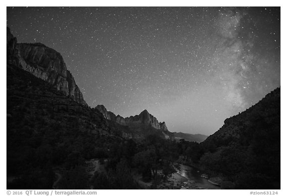 Virgin River, Watchman, and Milky Way. Zion National Park (black and white)