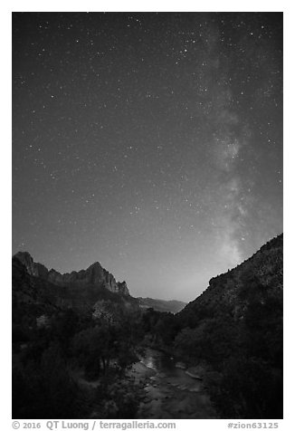 Virgin River, Watchman, and Milky Way at dawn. Zion National Park (black and white)