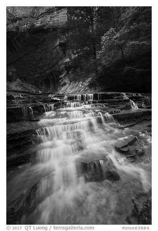 Cascades gushing over colorful terraces. Zion National Park (black and white)