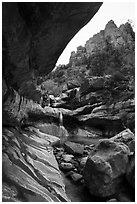 Striated alcove, waterfall, and rock towers, Pine Creek Canyon. Zion National Park ( black and white)