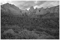 Panoramic view of Kolob Canyons at sunset. Zion National Park, Utah, USA. (black and white)