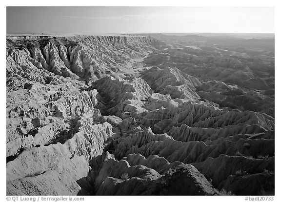 Basin of spires, pinacles, and deeply fluted gorges, Stronghold Unit. Badlands National Park (black and white)