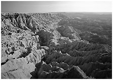 Basin of spires, pinacles, and deeply fluted gorges, Stronghold Unit. Badlands National Park, South Dakota, USA. (black and white)