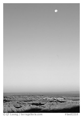 Sky, moon and badlands, sunrise. Badlands National Park (black and white)