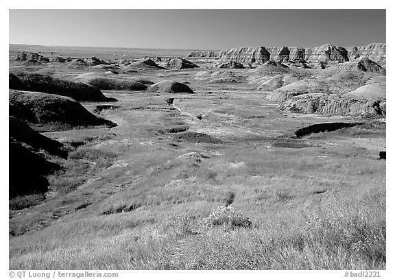 Badlands and Prairie at Yellow Mounds overlook. Badlands National Park (black and white)