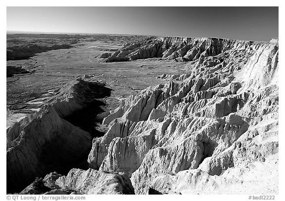 Prairie between badlands at Burns Basin overlook. Badlands National Park (black and white)