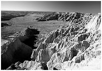 Prairie between badlands at Burns Basin overlook. Badlands National Park ( black and white)