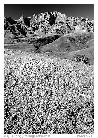 Mudstone badlands and grass prairie. Badlands National Park (black and white)