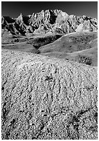 Mudstone badlands and grass prairie. Badlands National Park ( black and white)