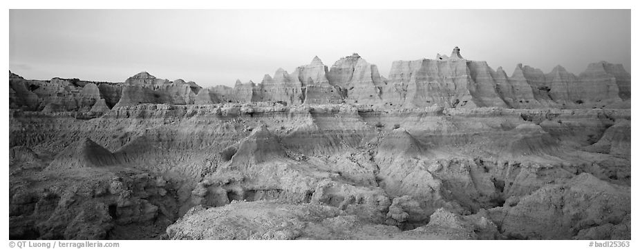 Badlands formations with pastel hues at dawn. Badlands National Park (black and white)