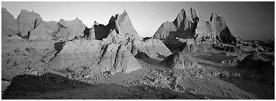 Badlands landscape, early morning. Badlands National Park (Panoramic black and white)