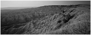 Badlands panorama seen from prairie edge, Stronghold Unit. Badlands National Park (Panoramic black and white)