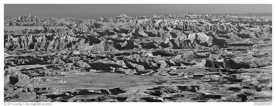 Prairie mixed with badland ridges. Badlands National Park (black and white)