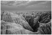 View from Big Badlands Overlook at sunset. Badlands National Park ( black and white)