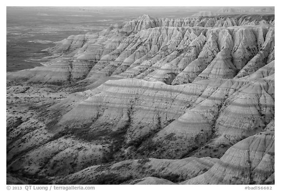 Badlands with colorful stripes at sunrise. Badlands National Park (black and white)