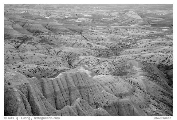 Pastel-colored badlands from Panorama Point. Badlands National Park (black and white)
