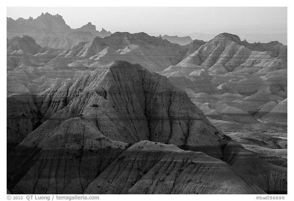 Backlit badlands from Panorama Point. Badlands National Park (black and white)