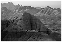 Backlit badlands from Panorama Point. Badlands National Park, South Dakota, USA. (black and white)