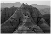 Tall eroded buttes and peaks. Badlands National Park, South Dakota, USA. (black and white)