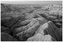 Badlands landscape from above at Panorama Point. Badlands National Park, South Dakota, USA. (black and white)