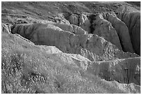 Badlands beneath mixed grass prairie plateau. Badlands National Park, South Dakota, USA. (black and white)