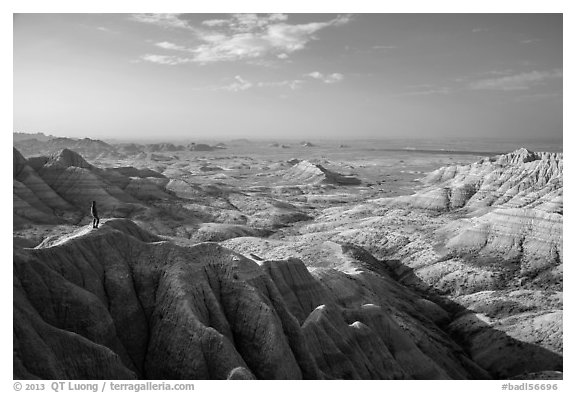 Park visitor looking, Panorama Point. Badlands National Park (black and white)