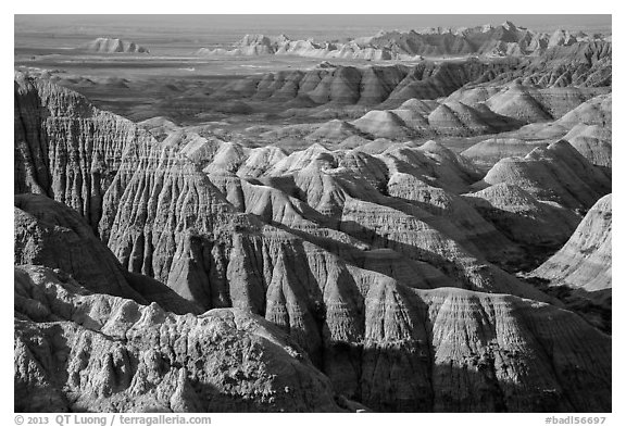 Buttes and ridges with shadows. Badlands National Park, South Dakota, USA.