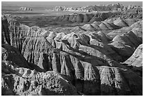 Buttes and ridges with shadows. Badlands National Park, South Dakota, USA. (black and white)