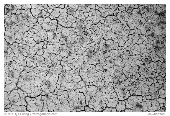 Cracks in yellow fossil soil. Badlands National Park (black and white)